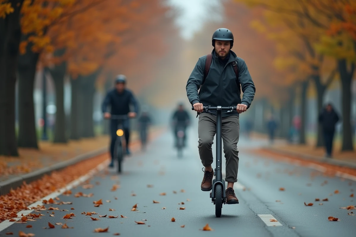 Homme en tenue imperméable et casque urbain conduisant une trottinette électrique sur une piste cyclable en automne