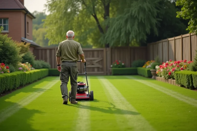 Homme utilisant une tondeuse thermique pour tondre une pelouse bien entretenue dans un jardin suburban