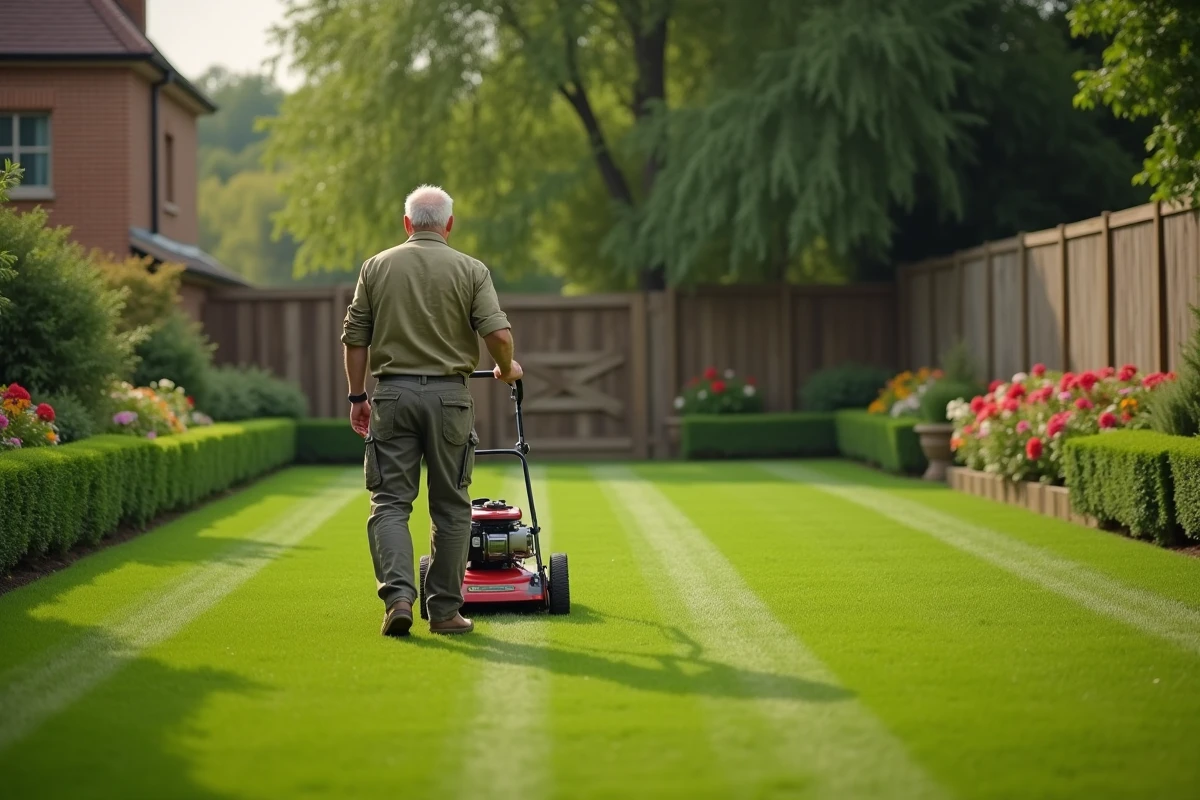 Homme utilisant une tondeuse thermique pour tondre une pelouse bien entretenue dans un jardin suburban