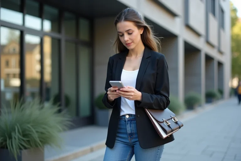 Jeune femme en blazer et jeans devant Sorlav