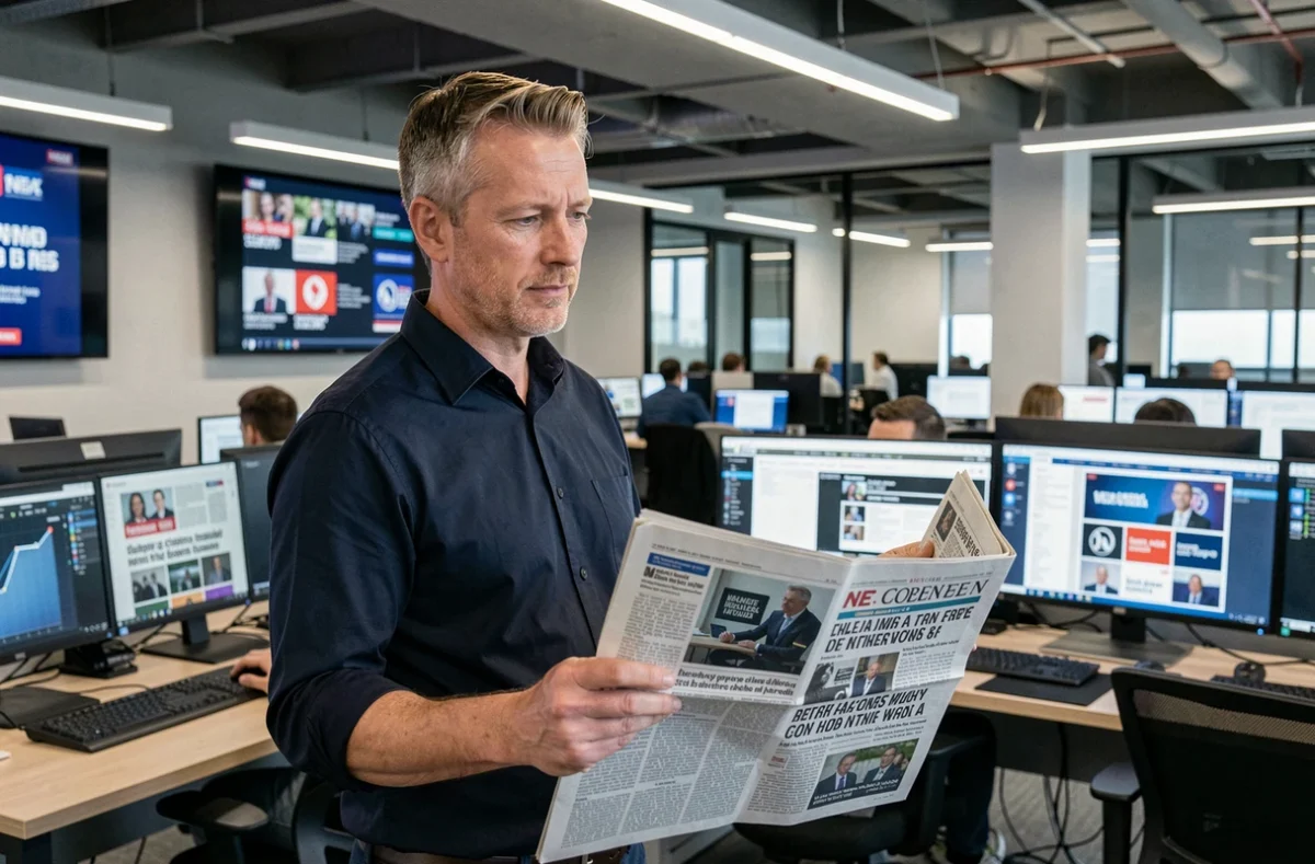 Journaliste homme analysant les tendances dans une salle de rédaction moderne
