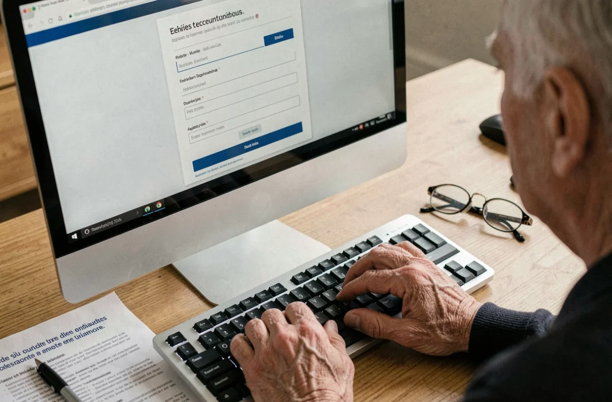 Mains d'un retraité saisissant ses informations sur un formulaire d'inscription en ligne pour créer son compte