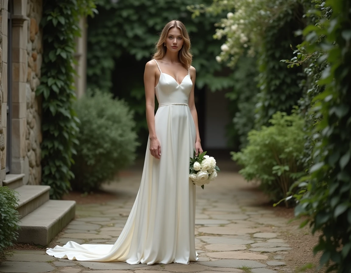 Femme sereine en robe de mariée en satin dans un jardin en pierre recouvert de lierre, tenant un bouquet de pivoines blanches avec une expression douce et confiante