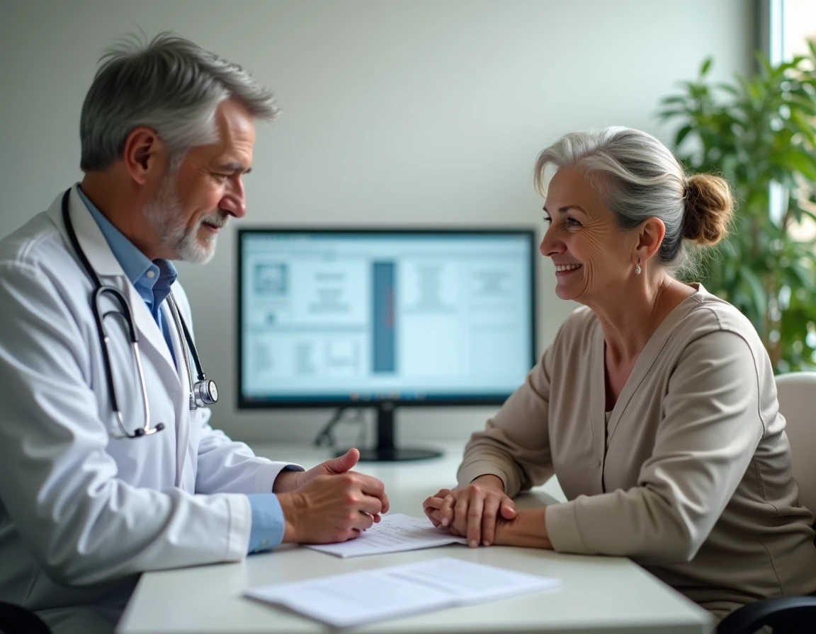 Médecin oncologue discutant des résultats d'une prise de sang avec une patiente dans un cabinet médical