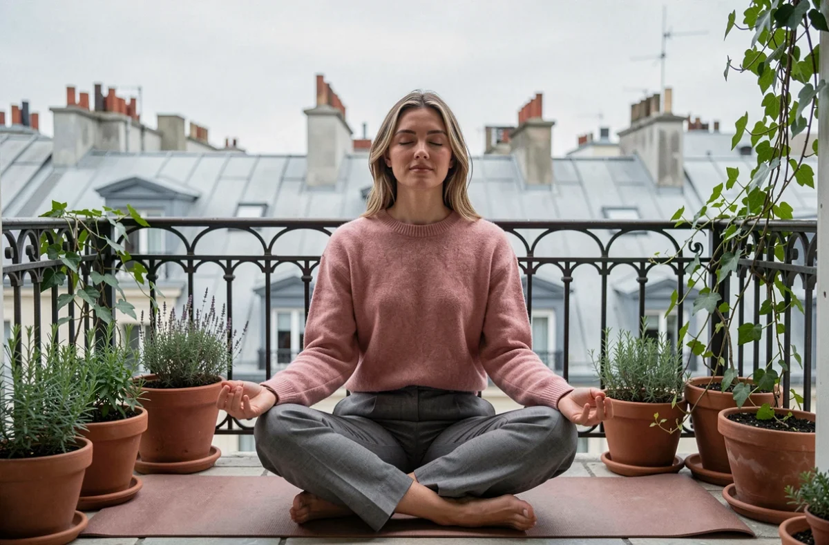 Jeune femme méditant sur un balcon parisien avec vue sur les toits de la ville, pratiquant le bien-être au quotidien malgré un rythme de travail parisien intense