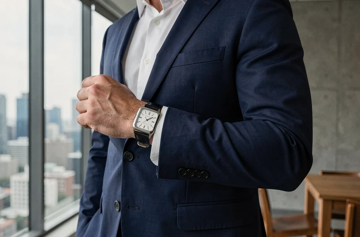 Homme en costume bleu marine portant une montre carrée en acier brossé avec bracelet cuir noir, dans un bureau moderne avec vue urbaine