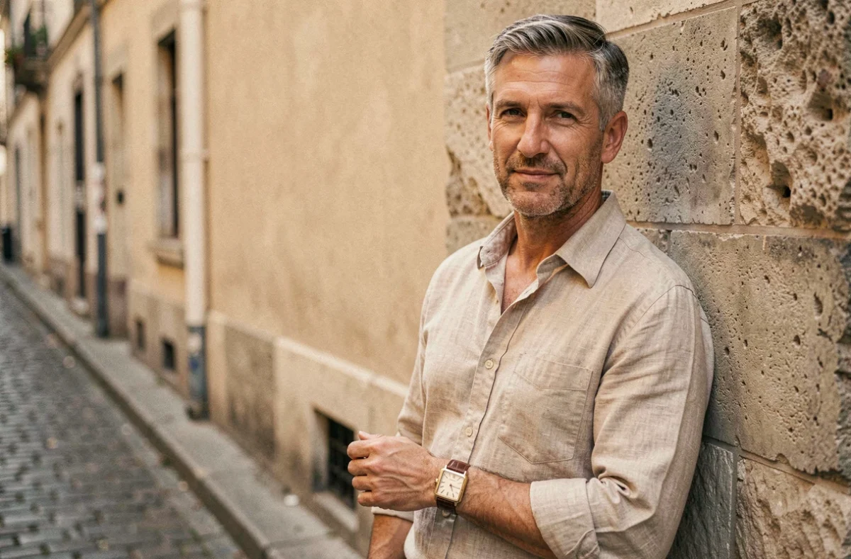 Homme aux cheveux poivre et sel avec une montre carrée dorée vintage à bracelet alligator marron, appuyé contre un mur en pierre dans une rue parisienne
