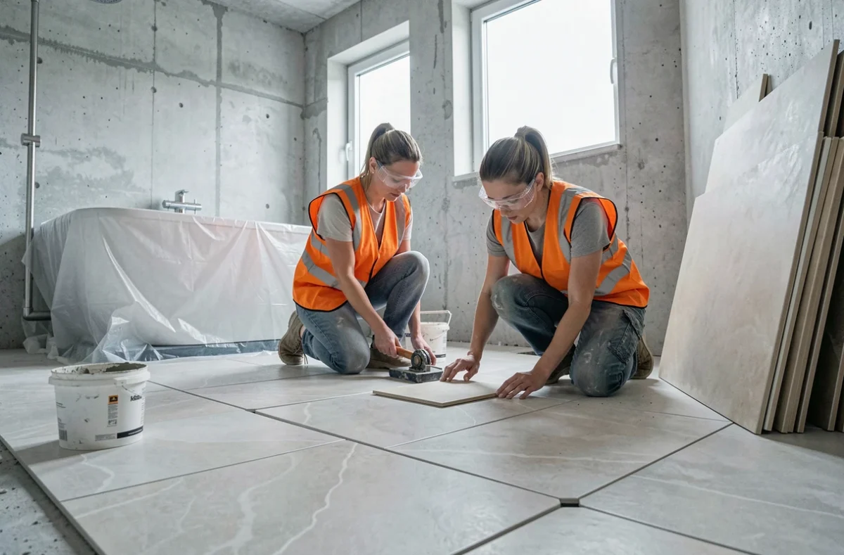 Ouvrières posant du carrelage dans une salle de bain en cours de rénovation immobilière