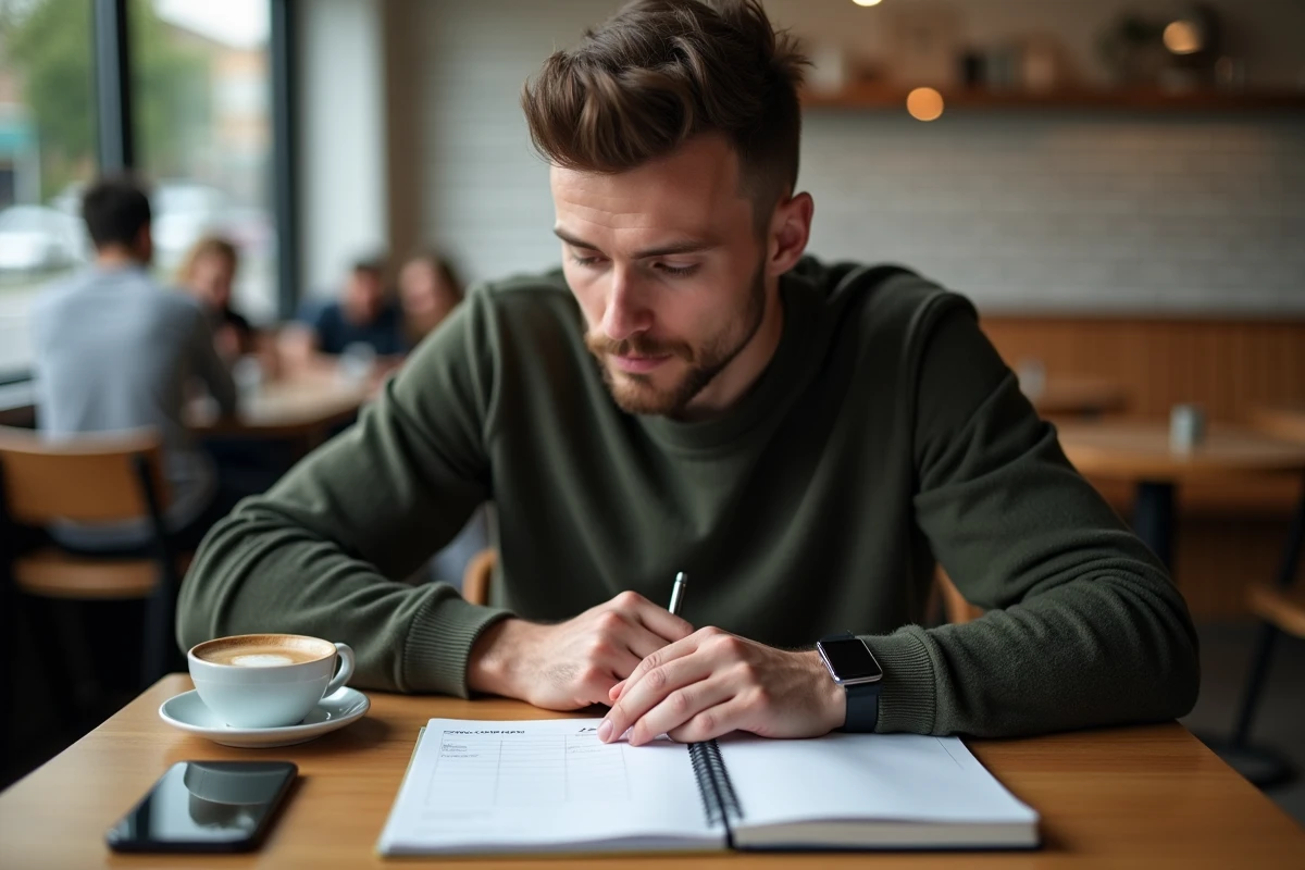 Homme planifiant un calendrier de publication de blog dans un carnet dans un café urbain