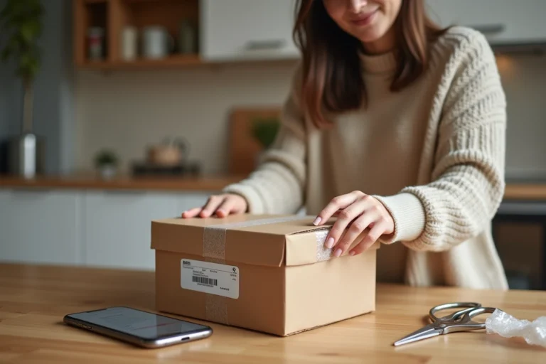 Femme préparant un colis Vinted Go en scotchant un paquet sur une table en bois avec un smartphone affichant une étiquette d'expédition