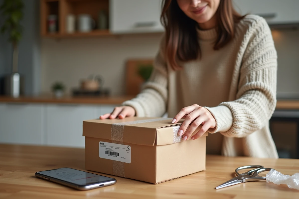 Femme préparant un colis Vinted Go en scotchant un paquet sur une table en bois avec un smartphone affichant une étiquette d'expédition