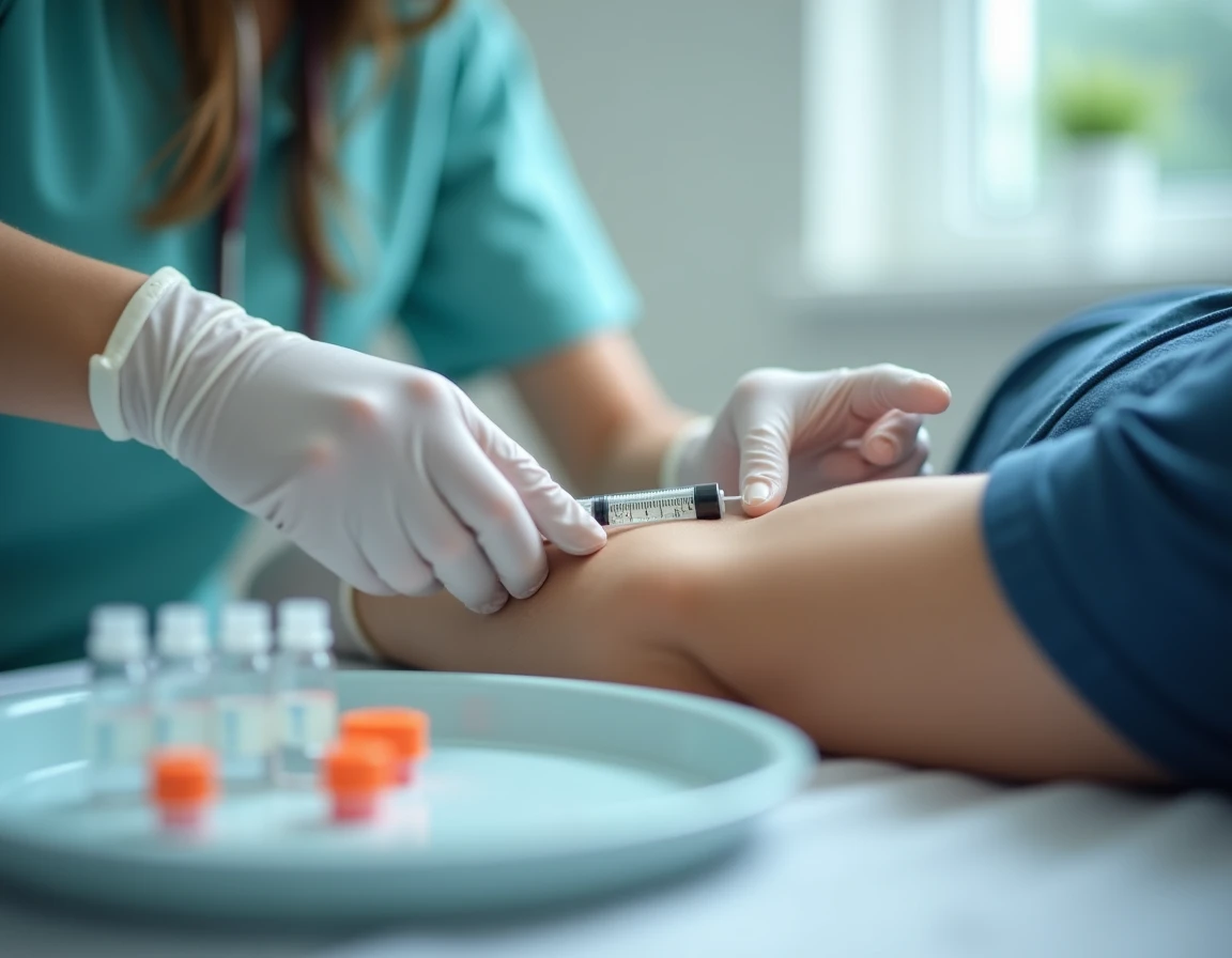 Infirmière effectuant une prise de sang sur un patient dans un cabinet médical pour dépistage du cancer