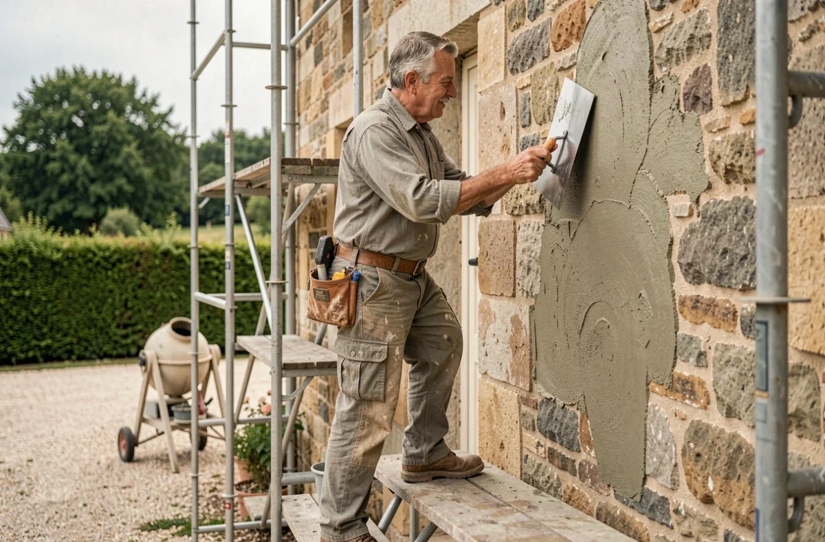 Propriétaire appliquant un enduit sur la façade en pierre d'une maison lors de travaux extérieurs