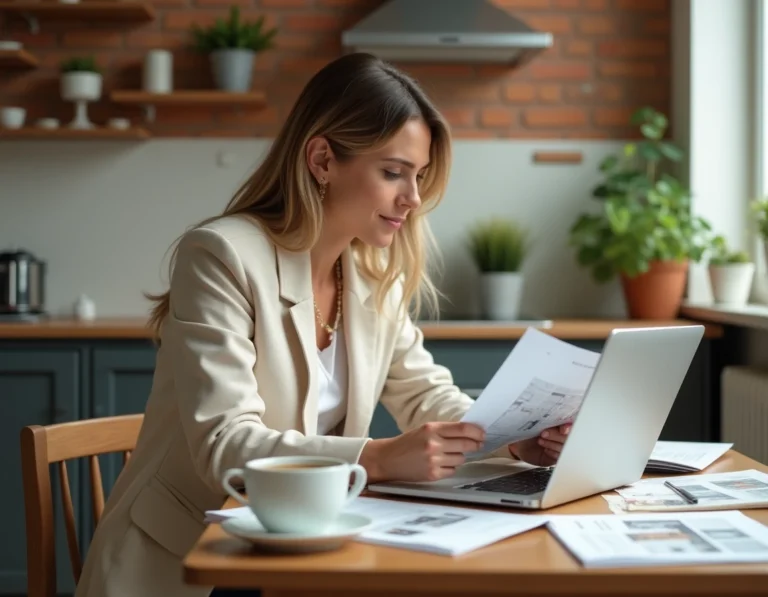 Femme recherchant un bien immobilier sur ordinateur portable avec des annonces imprimées sur une table en bois