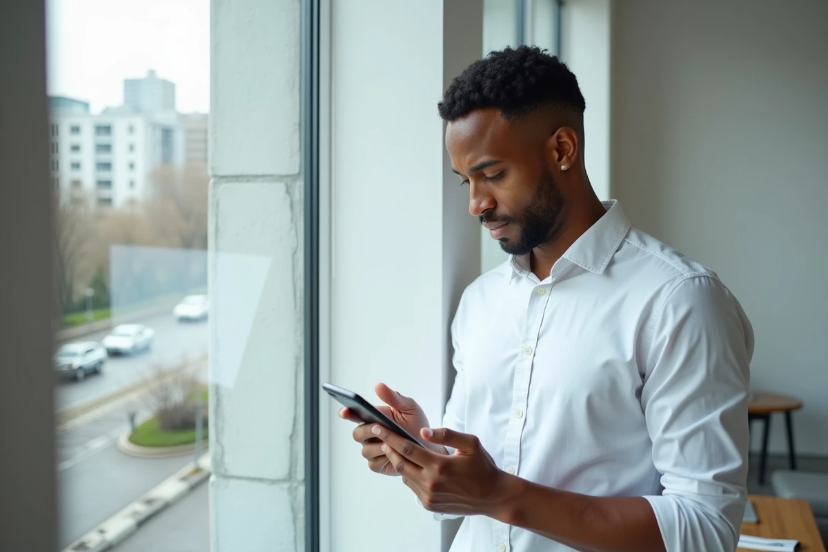 Personne consultant une application de recherche d'emploi sur smartphone près d'une fenêtre en appartement
