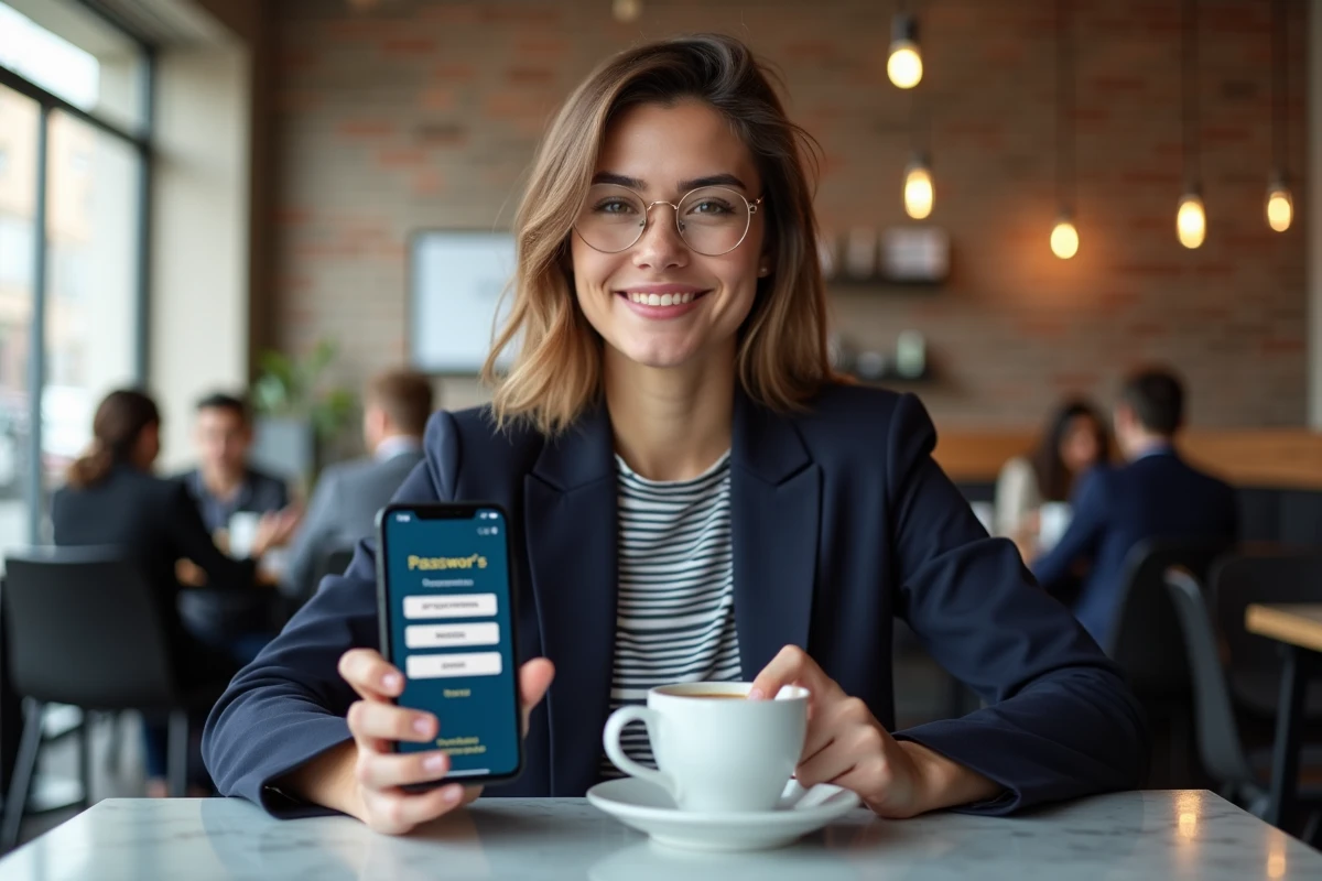 Jeune femme réinitialisant son mot de passe Mypeopledoc depuis son smartphone dans un café