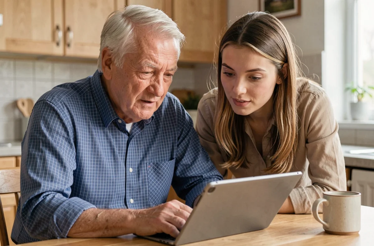 Retraité accompagné par sa fille pour créer un compte retraite sur une tablette numérique