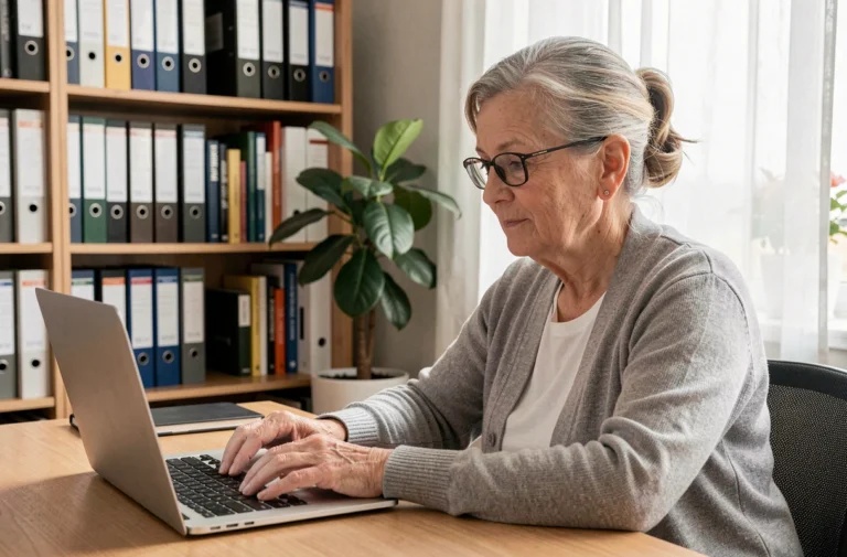 Retraitée créant son compte en ligne sur un ordinateur portable depuis son bureau à domicile