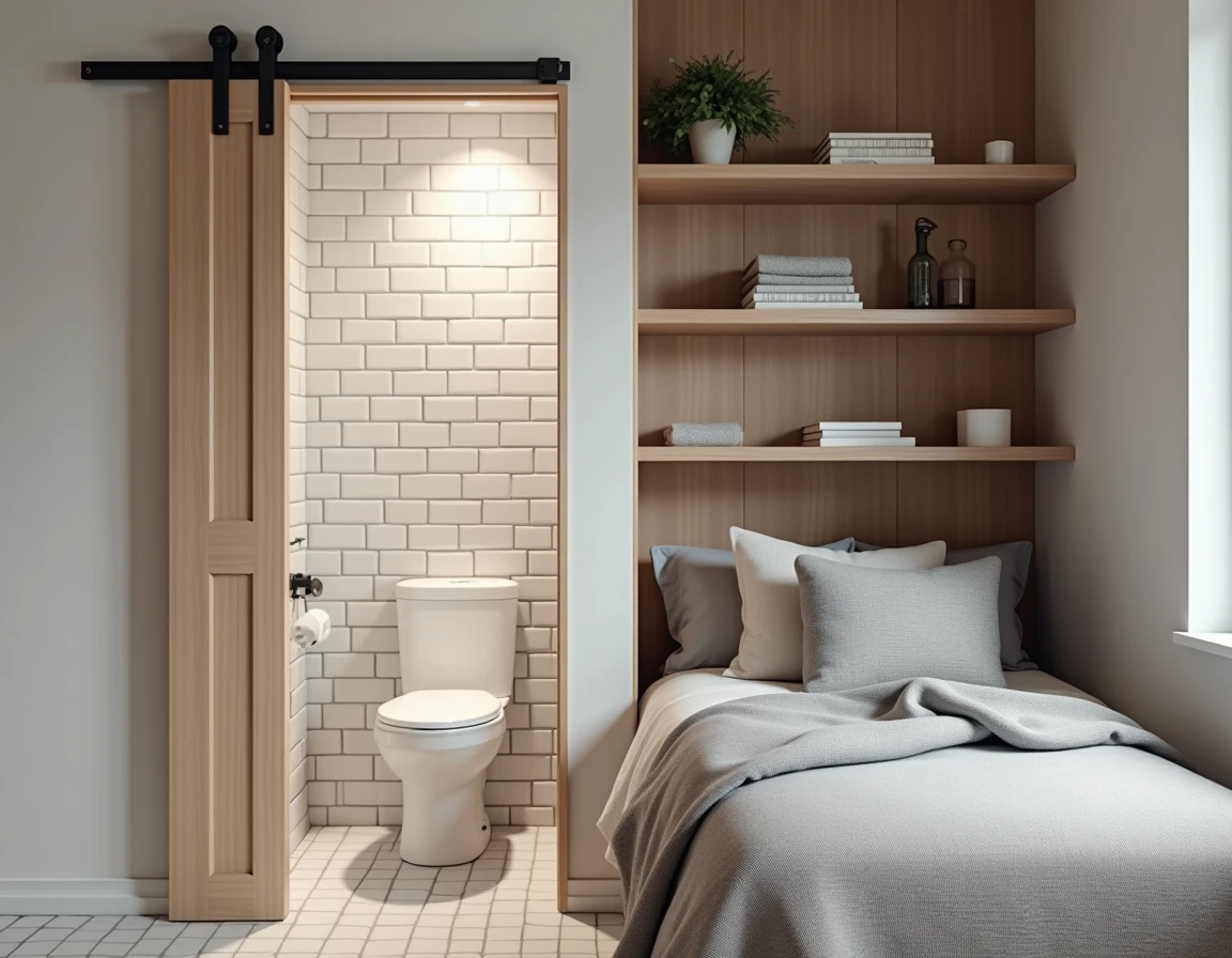 Zone de transition entre coin nuit et salle de bain dans un petit studio urbain optimisé avec porte coulissante et rangements intégrés