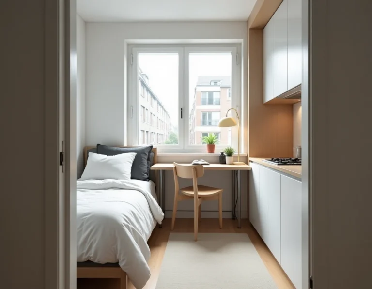 Intérieur d'un studio urbain de 20 m² optimisé avec lit escamotable, bureau compact et cuisine équipée pour un confort optimal