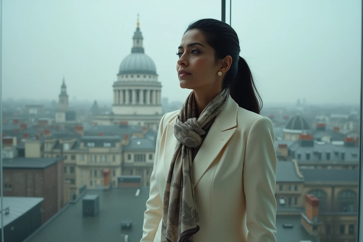 Femme d'origine indienne en blazer crème regardant un paysage urbain londonien brumeux, portrait éditorial évoquant le parcours de Sunetra Sastry