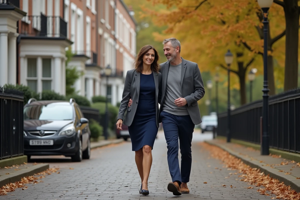 Couple élégant se promenant dans une rue britannique classique aux maisons géorgiennes, illustrant la relation entre Sunetra Sastry et Rowan Atkinson