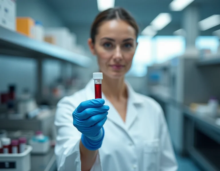 Technicienne de laboratoire médical examinant un tube de prise de sang dans un laboratoire d'analyse clinique moderne