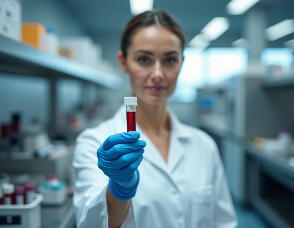Technicienne de laboratoire médical examinant un tube de prise de sang dans un laboratoire d'analyse clinique moderne