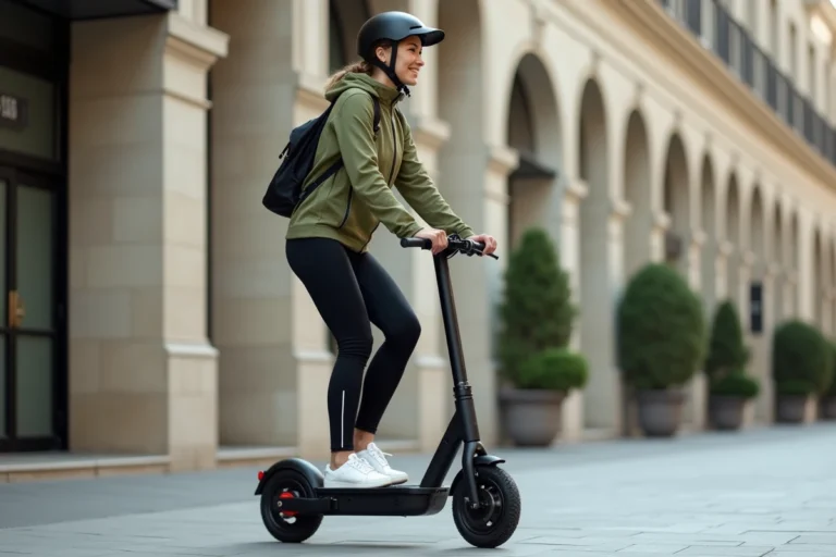 Femme bien habillée sur une trottinette électrique en ville avec veste de cyclisme, pantalon jogger réfléchissant et casque urbain