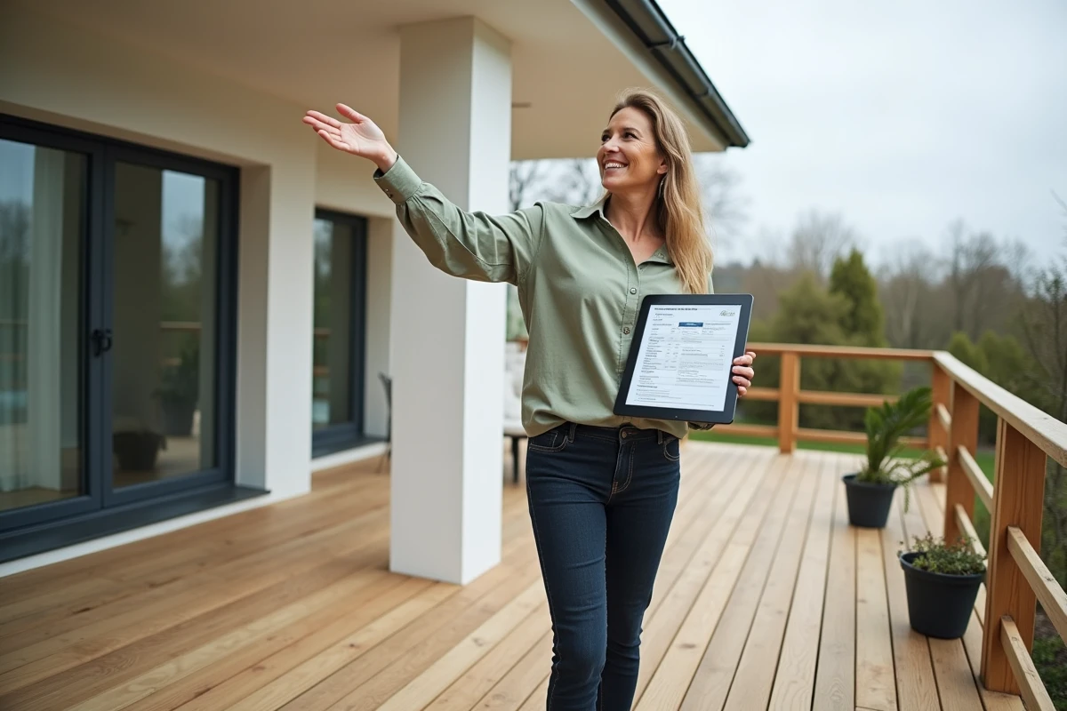 Femme debout sur une terrasse en bois neuve tenant une tablette avec un formulaire de déclaration fiscale
