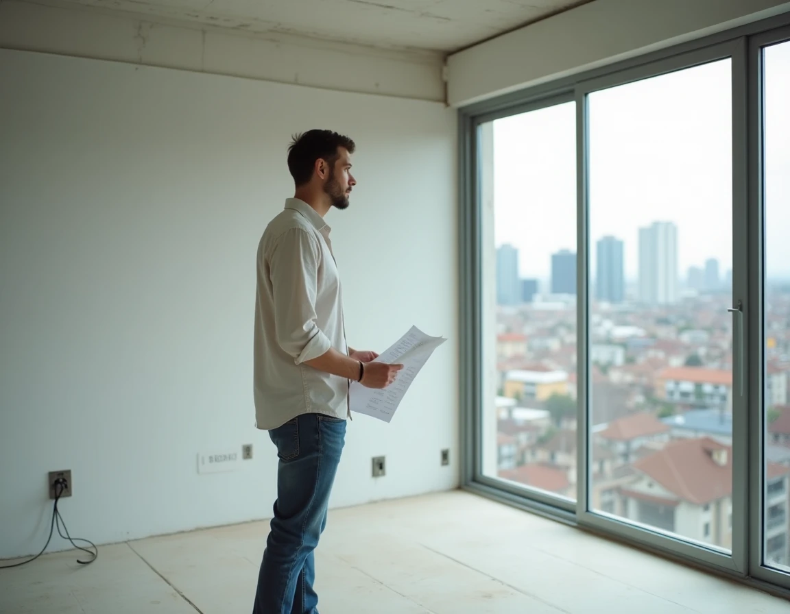 Homme visitant un appartement vide avec vue sur la ville, en réflexion sur un projet d'achat immobilier