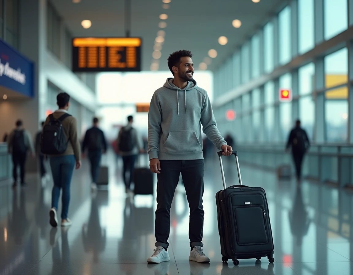 Homme voyageant à petit prix avec Ryanair dans un aéroport avec un bagage cabine compact